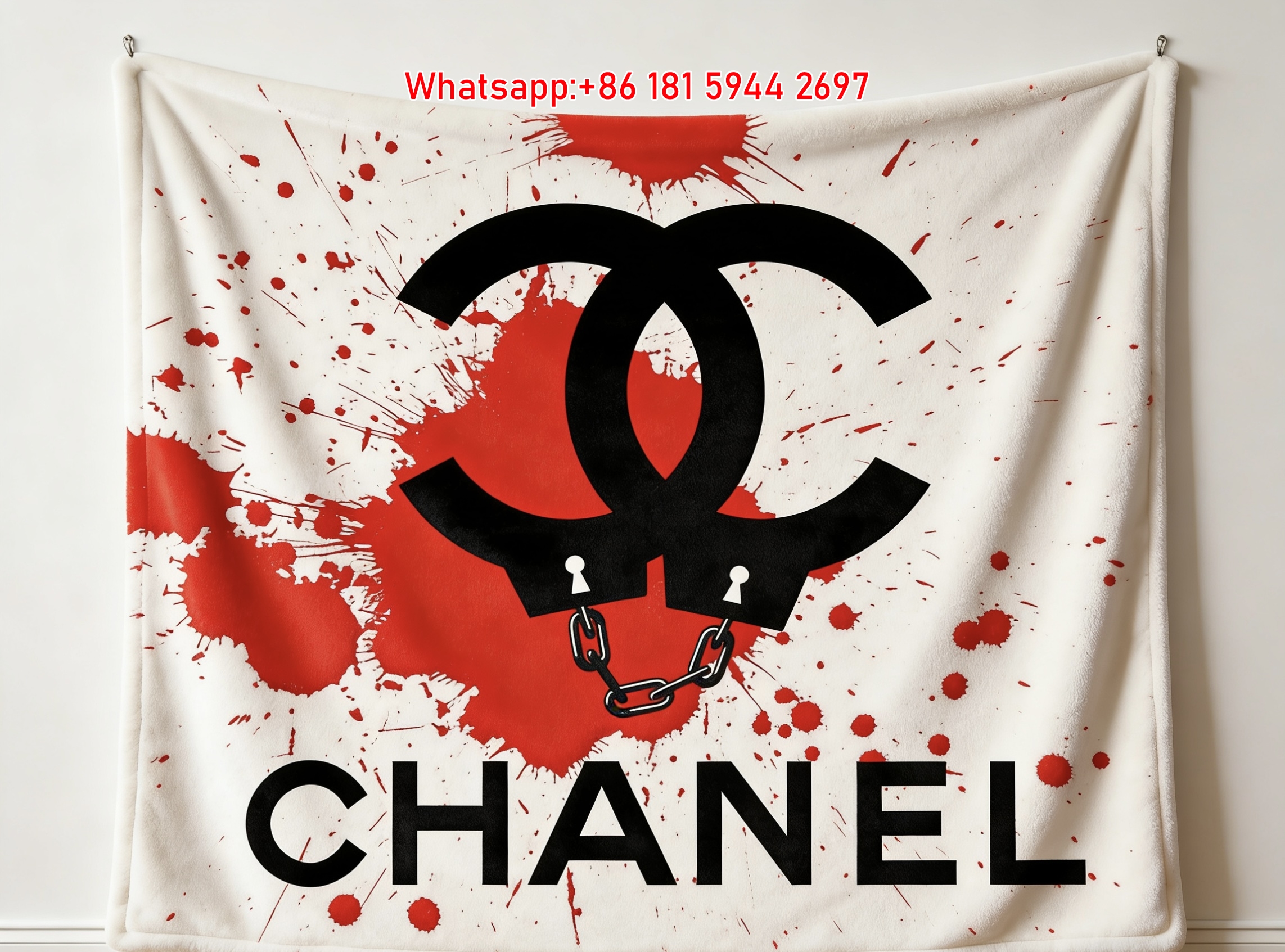 Chanel Handcuff CC Logo Red Blood Splatter Flannel Sofa Throw Blanket IMG_6799